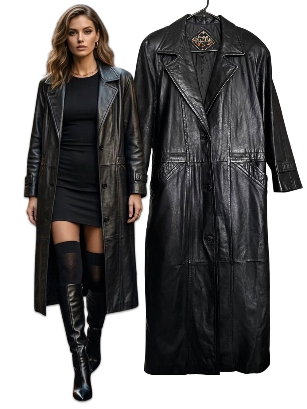 Charles Klein Vintage Black Leather Trench Duster Coat Medium Convertible Lapel